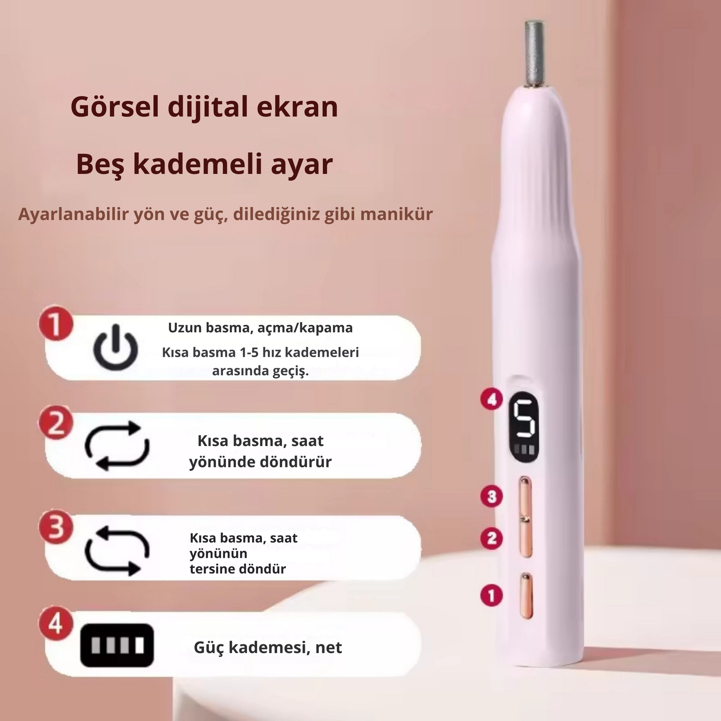 Nailivia Profesyonel ve Evde Kullanıma Uygun Manikür Pedikür Cihazı, Şarjlı Tırnak Törpü Seti.